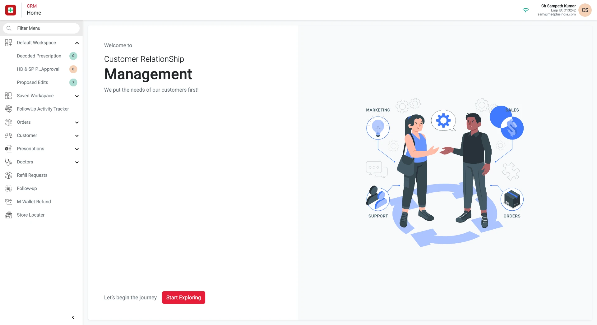 MedPlus CRM home screen with welcome panel and workspace navigation