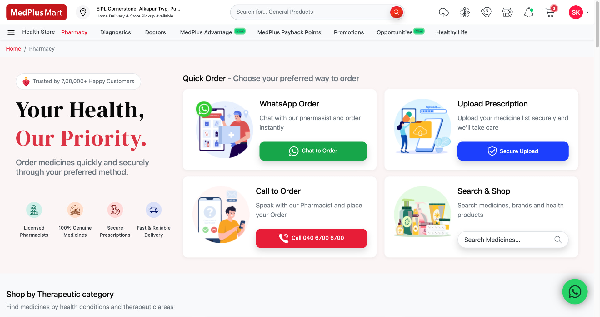 MedPlusMart.com pharmacy homepage featuring quick-order options for WhatsApp, prescription upload, call-to-order, and search